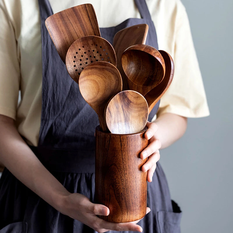 Eco-Friendly Wood Kitchenware Cooking Set with Storage Bucket - Household Spatula Spoon Salad Fork Stirring Spoon Baking Tools