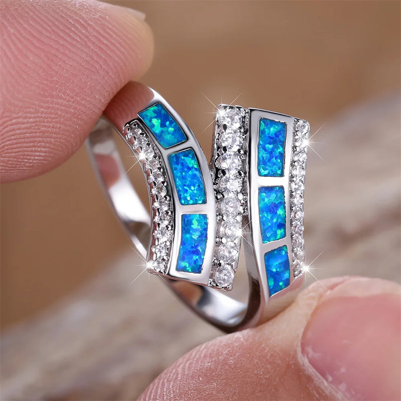 White Zircon Geometric Blue Opal Engagement Ring for Women Vintage Silver Wedding Band Jewelry Mother's Gift