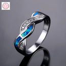 JieLing Vintage Rhodium Coated Copper Ring with Blue Green Fire Opal Interlocked Band Elegant Fine Jewelry for Anniversary Promise