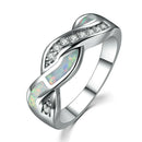 JieLing Vintage Rhodium Coated Copper Ring with Blue Green Fire Opal Interlocked Band Elegant Fine Jewelry for Anniversary Promise