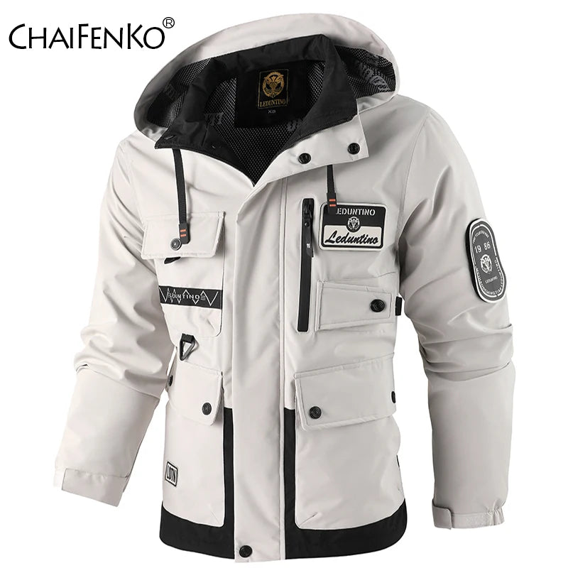 Men's Casual Windproof Jacket with Detachable Hat Solid Color Spring Autumn Versatile Coat Comfortable Knit Fabric Zip Closure